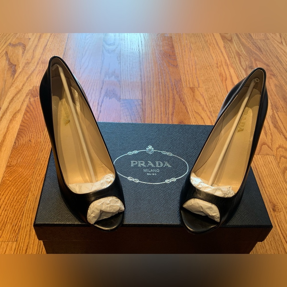 Prada Black Leather Peep Toe Heels size 7.5/ 37.5